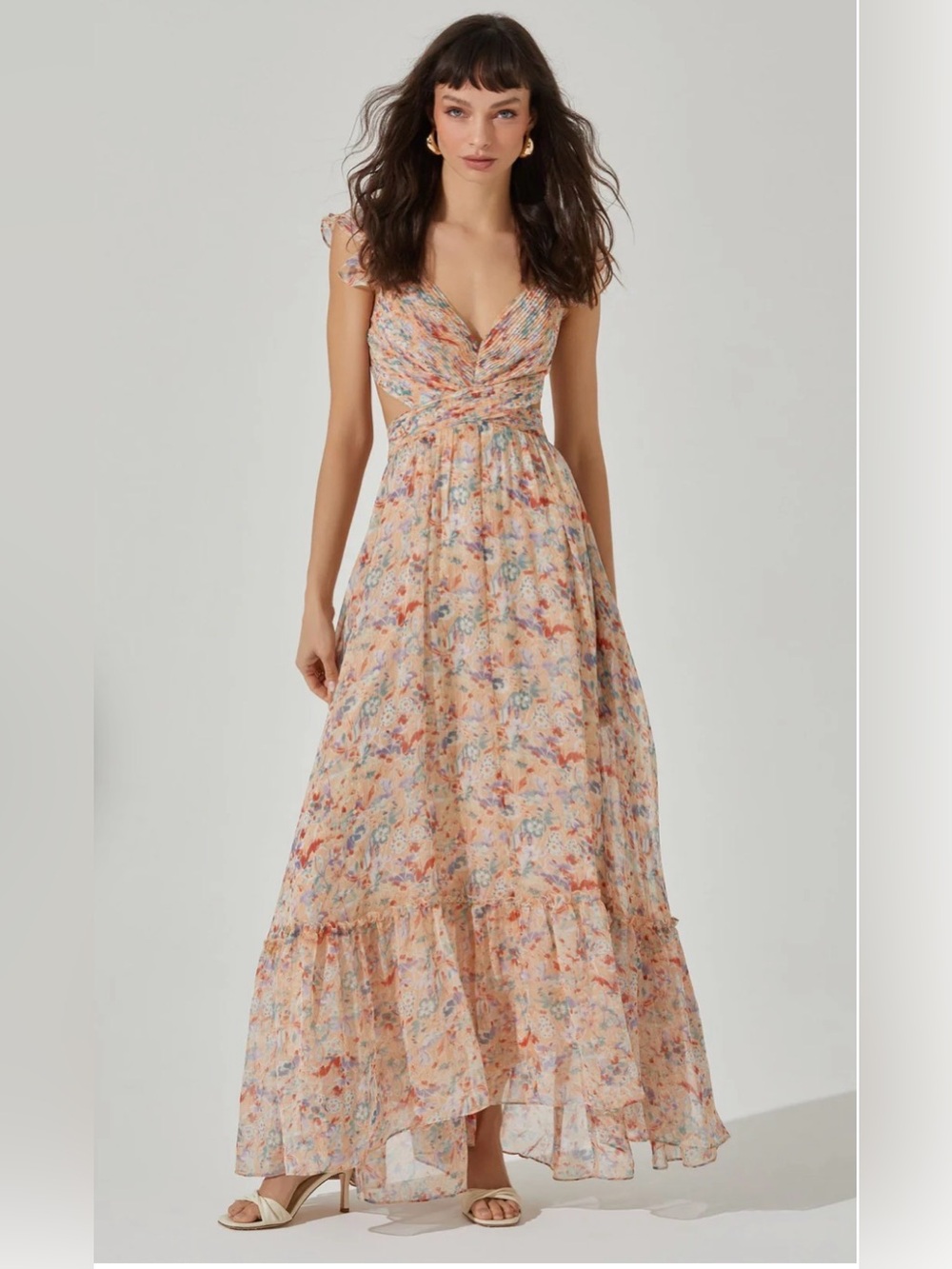 ASTR The Label L Peach Primrose Floral Cutout Maxi Dress Strappy Back